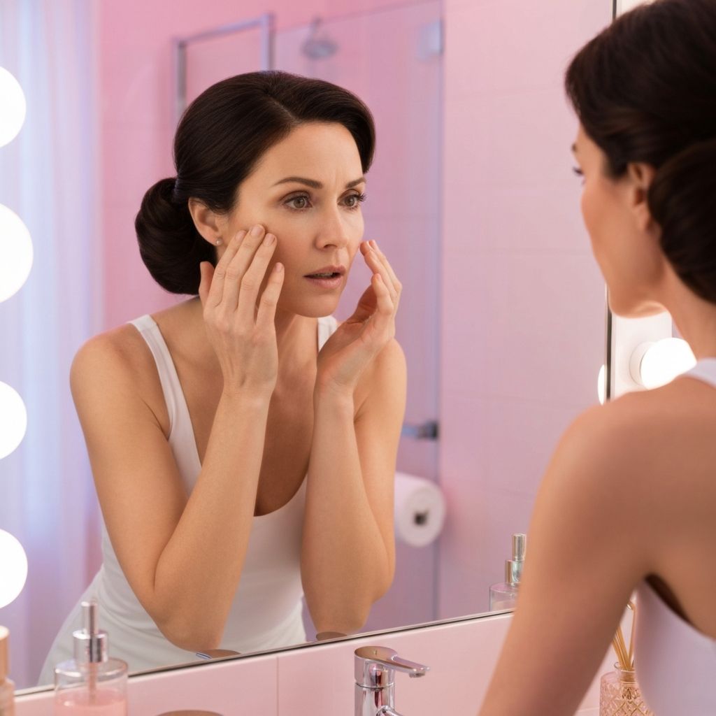 Mulher observando sua pele no espelho